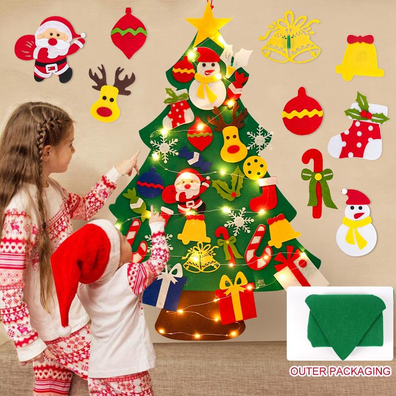 DIY Lighted Felt Christmas Tree Kit with Detachable Ornaments,String Light Xmas Tree Decoration Kids Santa Gift,Merry Christmas New Year Party Decor