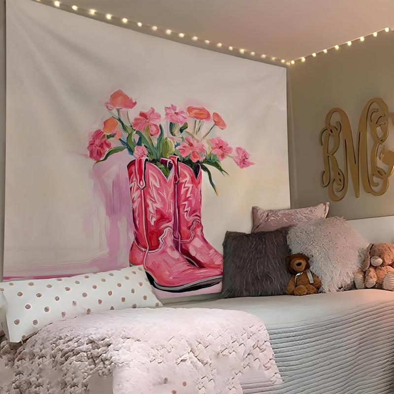 Pink Western Tapestry, Hot Pink Preppy Western Cowgirl Boots Tapestry Wall Hanging for Teen Girls Room Bedroom College Dorm, Cowgirl Room Decor, Pink Room Wall Decor Aesthetic, 50x60 Inches