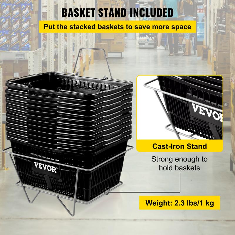 VEVOR Shopping Basket, Set of 12 Black, Durable PE Material with Handle and Stand, Basket Dimension 16.9\