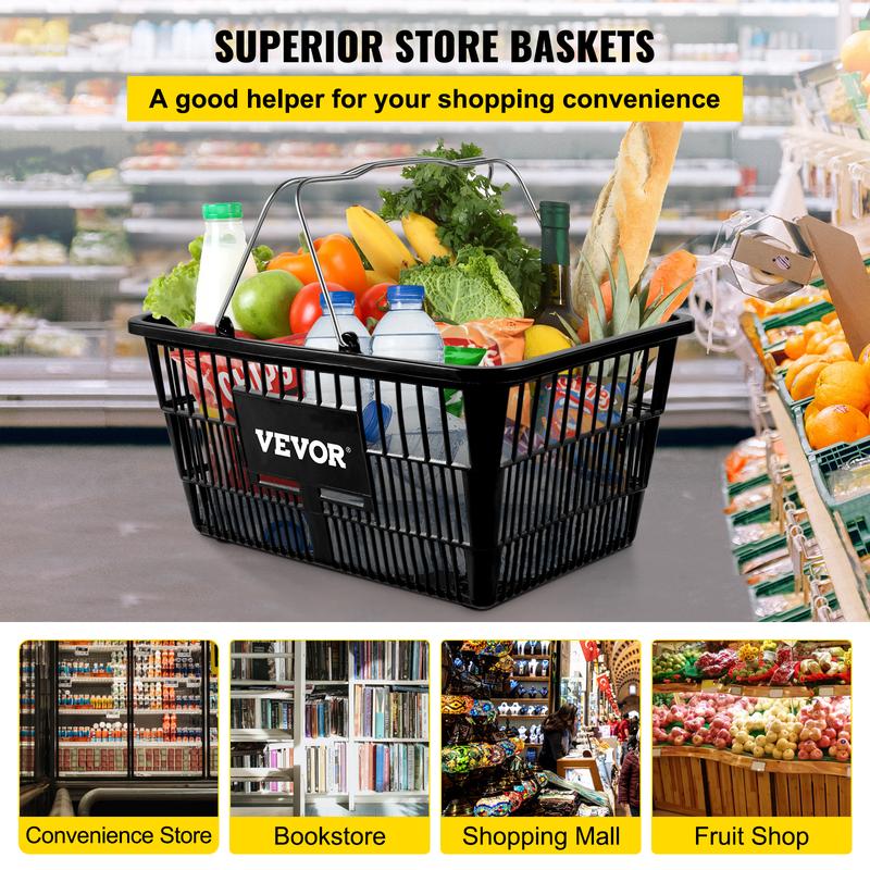 VEVOR Shopping Basket, Set of 12 Black, Durable PE Material with Handle and Stand, Basket Dimension 16.9\