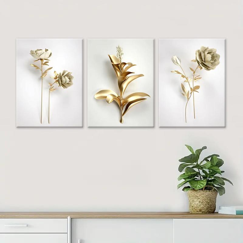 Wooden Framed Canvas Painting, 3 Counts set Modern Art Gold Flower Pattern Wall Art, Canvas Art Wall Decor for Home Living Room Bedroom Office, Wall Art Painting Room Decor