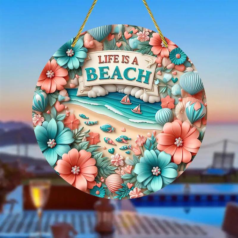 Flower & Letter & Beach Pattern Hanging Ornament, Round Shaped Double-sided Printed Hanging Decoration, Waterproof Hanging Pendant for Home Garden Party