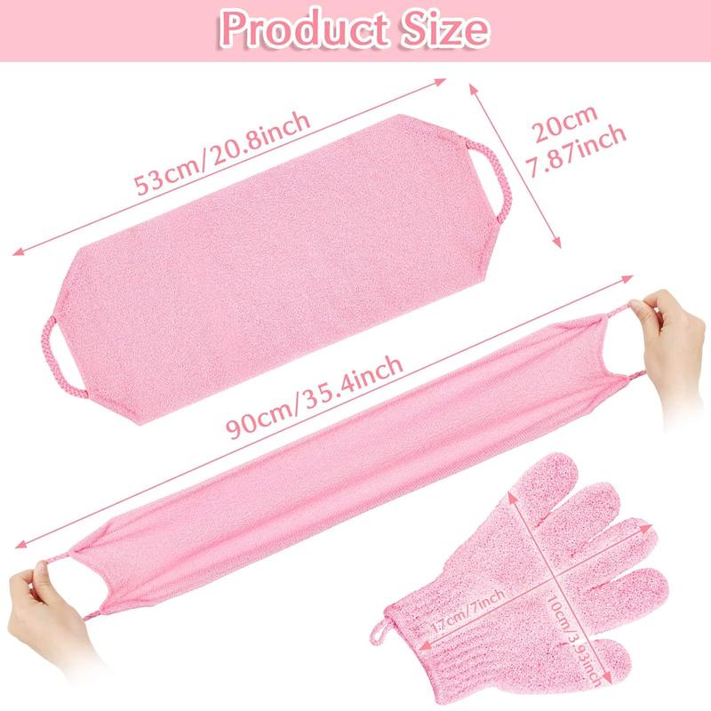 Set of Exfoliating Bath Gloves and Back Scrubber for Body and Face - Perfect for Showers and Baths (Pink)