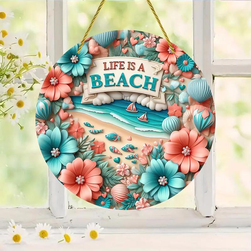 Flower & Letter & Beach Pattern Hanging Ornament, Round Shaped Double-sided Printed Hanging Decoration, Waterproof Hanging Pendant for Home Garden Party