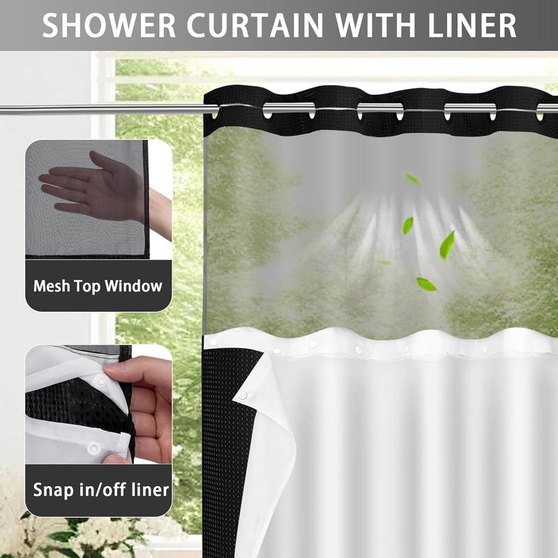 No Hook Shower Curtain with Snap in Liner Set Less Time Light Gray Waffle Shower Curtain for Bathroom Eye Door