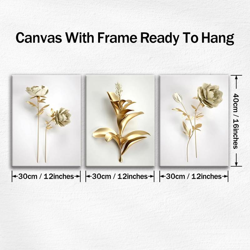 Wooden Framed Canvas Painting, 3 Counts set Modern Art Gold Flower Pattern Wall Art, Canvas Art Wall Decor for Home Living Room Bedroom Office, Wall Art Painting Room Decor