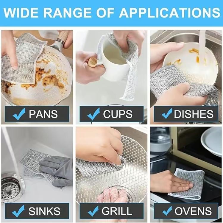 Multipurpose Wire Miracle Cleaning Cloths, 2024 New Scrubbing Wire Dishwashing Rags, Non-Scratch Kitchen Wire Dishcloth Rag for Cookware, Double-Layer Steel Wire Cleaning Cloths Scrubs Cleans for Dishes, Time-Saver Kitchen Wipes Multipurpose Cleaning Pads