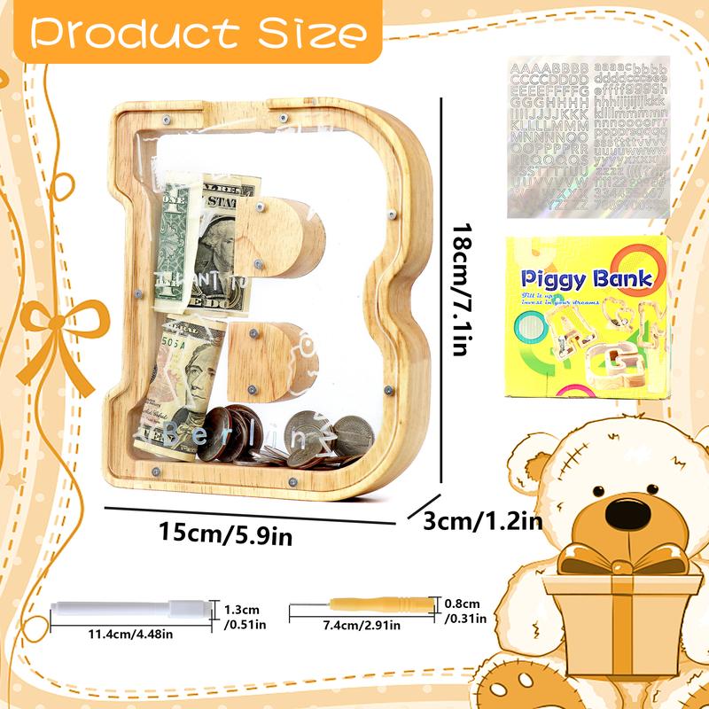 Letter Piggy Bank for Kids Boys Girls Wooden Personalized Piggy Banks A-Z Double Clear Alphabet Banknote Coin Banks for Gift Decoration Baptism Ornaments