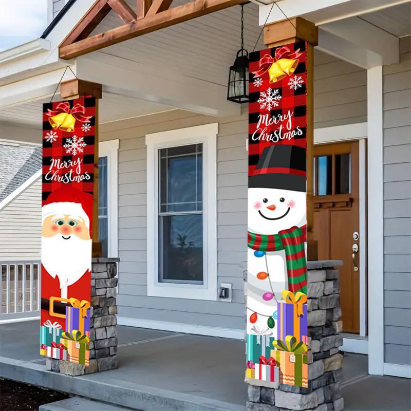 Christmas Clearance, 1 Pair Merry Christmas Door Banner Set - Santa & Snowman Porch Signs, Festive Indoor Outdoor Holiday Decorations for Home and Party