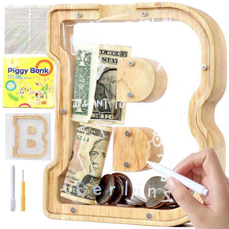 Letter Piggy Bank for Kids Boys Girls Wooden Personalized Piggy Banks A-Z Double Clear Alphabet Banknote Coin Banks for Gift Decoration Baptism Ornaments