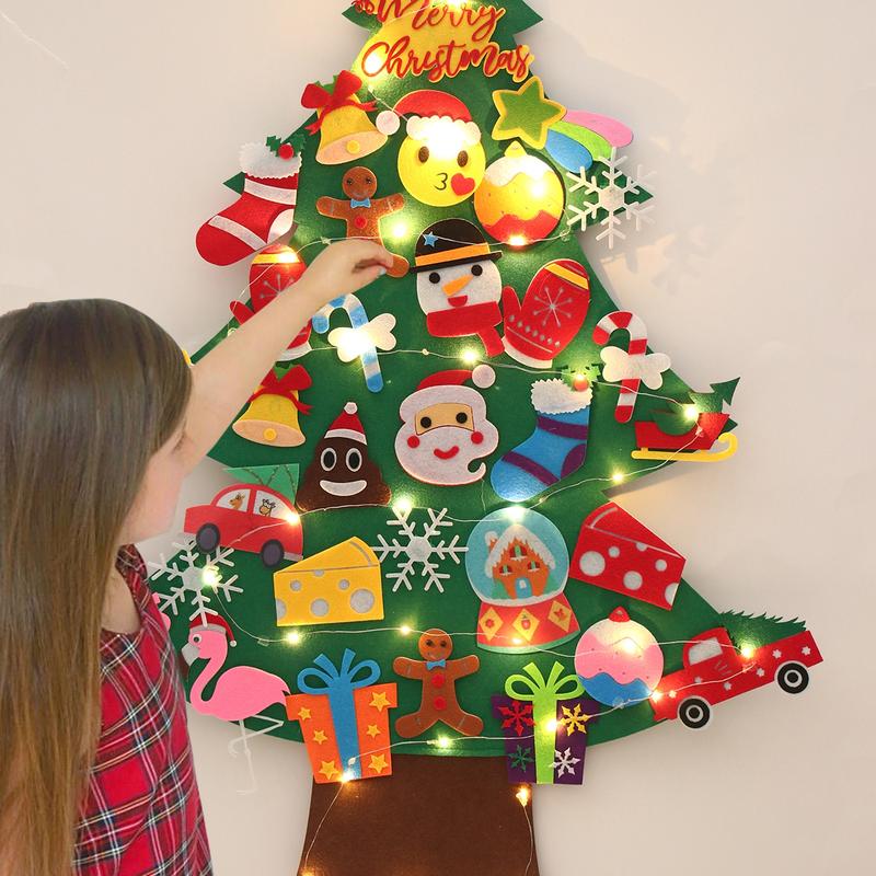 DIY Lighted Felt Christmas Tree Kit with Detachable Ornaments,String Light Xmas Tree Decoration Kids Santa Gift,Merry Christmas New Year Party Decor