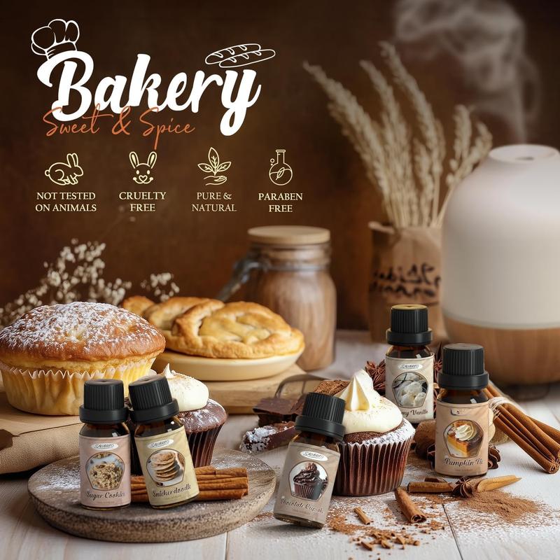 Bakery Fragrance Oils Set, Premium Essential Oils Set for Candle, Soap Making, Diffuser - Pumpkin Pie, Chocolate Cupcake, Snickerdoodle, Gingerbread, Creamy Vanilla, Sugar Cookies