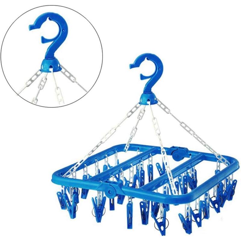 Foldable Clip and Drip Hanger with 32 Clips - Plastic Hanging Drying Rack for Clothes Underwear Socks (Blue) Organiser