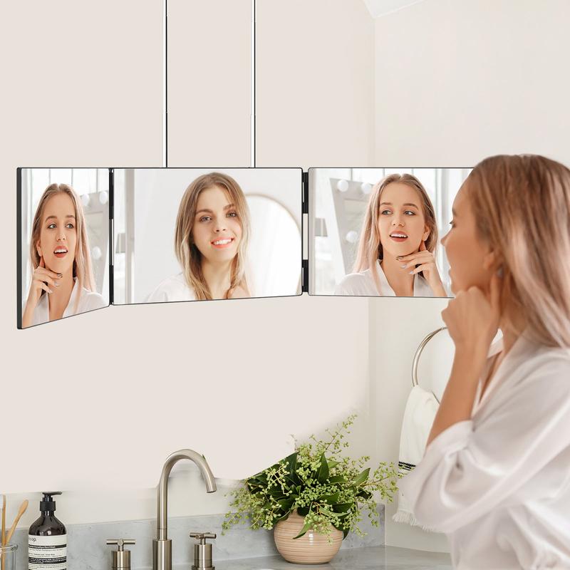 3 Way Trifold Haircut Mirror with Adjustable Telescoping Hooks, 360 Degree Mirror for Hair Cutting, Black