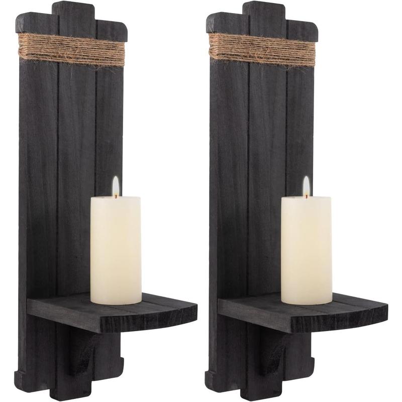 2count Gothic Style Wall Mount Rustic Candle Holders- Farmhouse Wall Mounted Wooden Candle Holders for Flower Vase- Handmade Hanging Wall Sconces for Bedroom Living Room Kitchen Bathroom (Black)