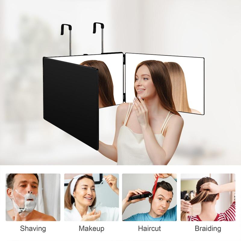 3 Way Trifold Haircut Mirror with Adjustable Telescoping Hooks, 360 Degree Mirror for Hair Cutting, Black