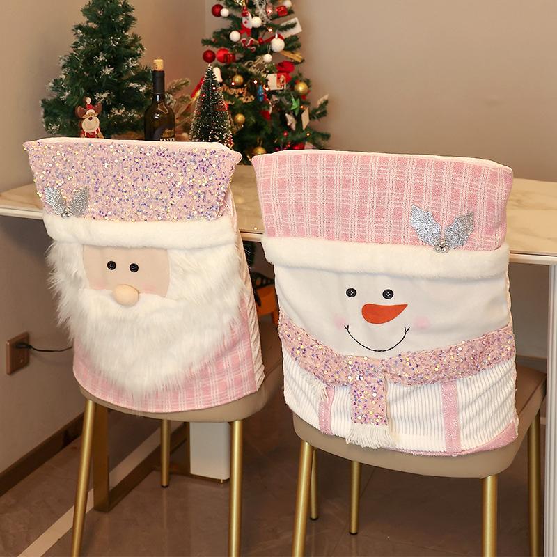 Christmas Chair Cover Pink Stool Set Santa Claus Pattern Chair Cover Restaurant Home Decoration Ornaments