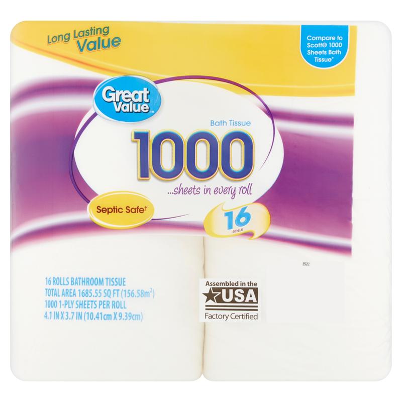 Great Value 1000 Bath Tissue Rolls, 16 Rolls - FREESHIP