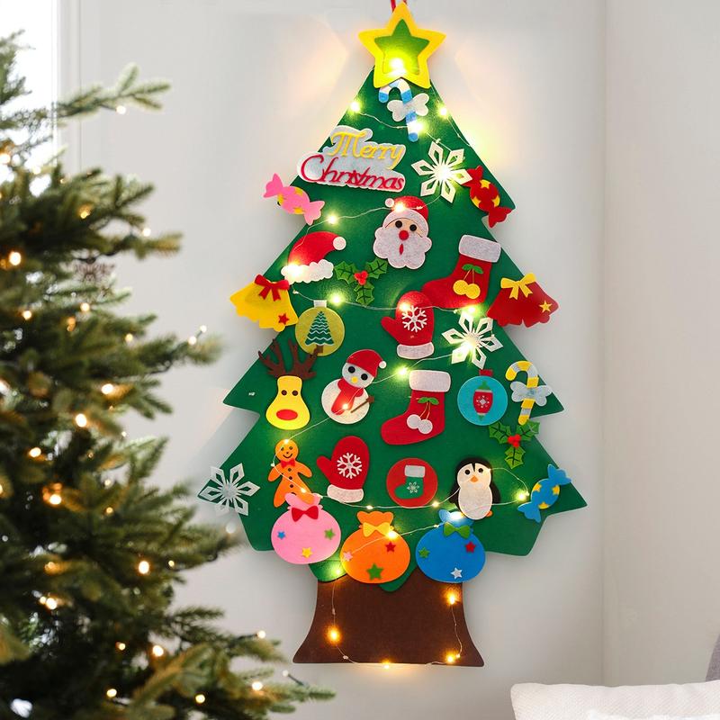 DIY Lighted Felt Christmas Tree Kit with Detachable Ornaments,String Light Xmas Tree Decoration Kids Santa Gift,Merry Christmas New Year Party Decor