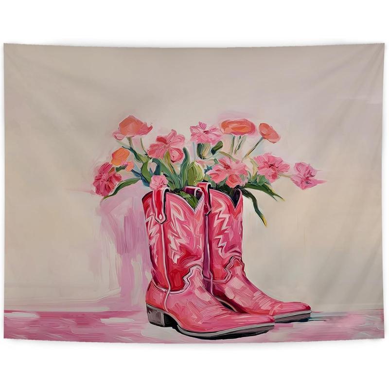 Pink Western Tapestry, Hot Pink Preppy Western Cowgirl Boots Tapestry Wall Hanging for Teen Girls Room Bedroom College Dorm, Cowgirl Room Decor, Pink Room Wall Decor Aesthetic, 50x60 Inches