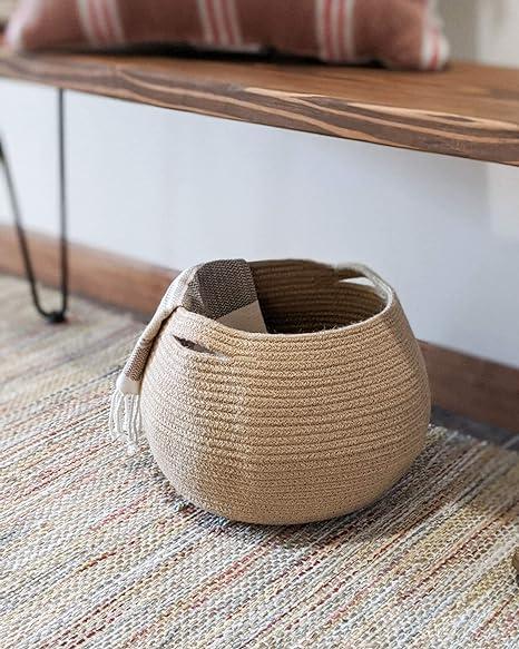 Goodpick Cute Round Basket - Cotton Rope Jute Baskets in Living Room Woven Towel Basket, Bedroom Storage Bakset Organiser, Corner Plant Basket Indoor, 10