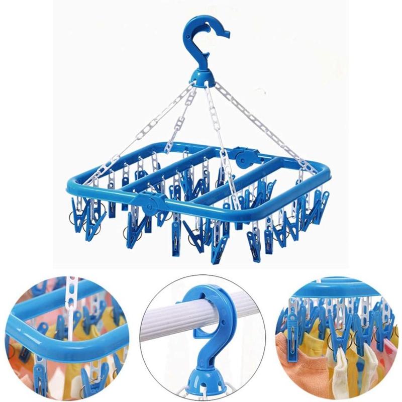 Foldable Clip and Drip Hanger with 32 Clips - Plastic Hanging Drying Rack for Clothes Underwear Socks (Blue) Organiser