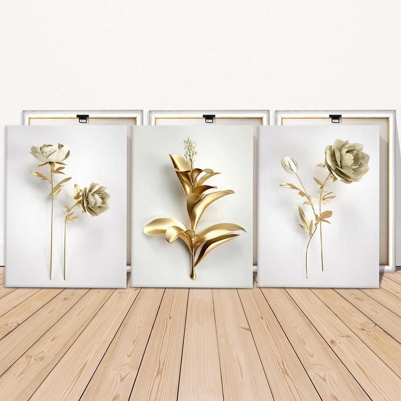 Wooden Framed Canvas Painting, 3 Counts set Modern Art Gold Flower Pattern Wall Art, Canvas Art Wall Decor for Home Living Room Bedroom Office, Wall Art Painting Room Decor