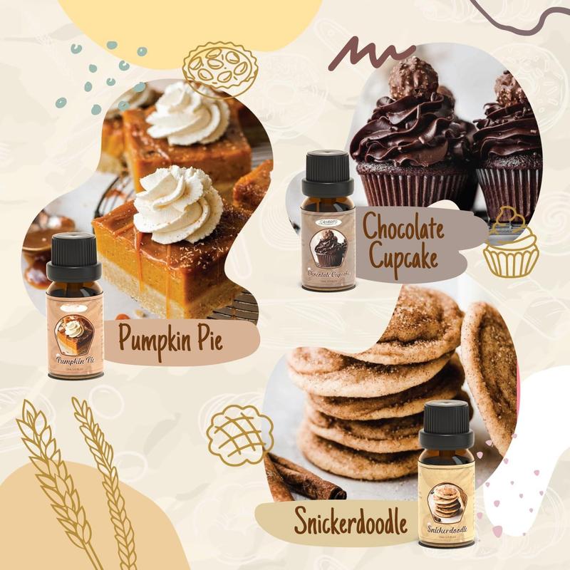 Bakery Fragrance Oils Set, Premium Essential Oils Set for Candle, Soap Making, Diffuser - Pumpkin Pie, Chocolate Cupcake, Snickerdoodle, Gingerbread, Creamy Vanilla, Sugar Cookies