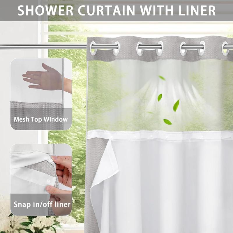 No Hook Shower Curtain with Snap in Liner Set Less Time Light Gray Waffle Shower Curtain for Bathroom Eye Door