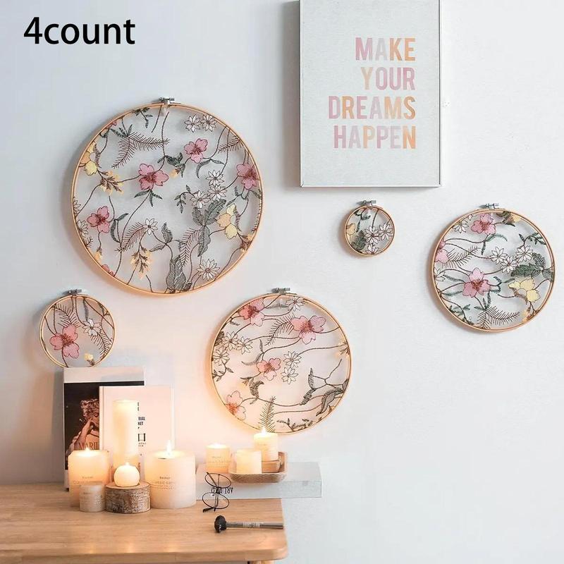 Wooden Embroidery Round Wall Decor, 4counts set Spring Flower Pattern Hanging Decor for Home Living Room Bedroom, Summer Decor 2024, Home Decor Ideas, Summer Gifts