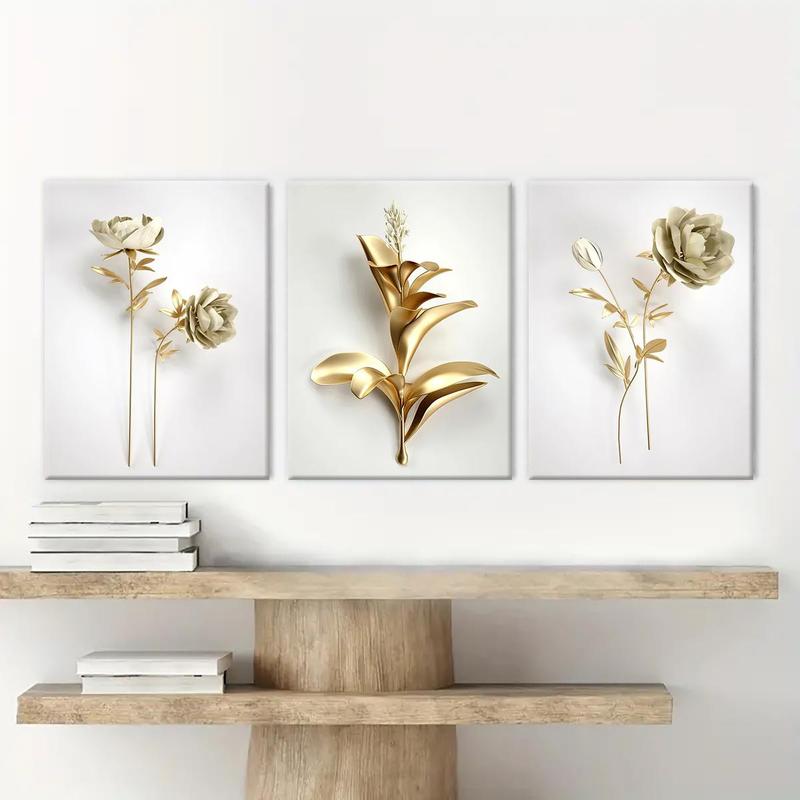 Wooden Framed Canvas Painting, 3 Counts set Modern Art Gold Flower Pattern Wall Art, Canvas Art Wall Decor for Home Living Room Bedroom Office, Wall Art Painting Room Decor