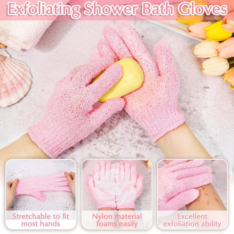 Set of Exfoliating Bath Gloves and Back Scrubber for Body and Face - Perfect for Showers and Baths (Pink)