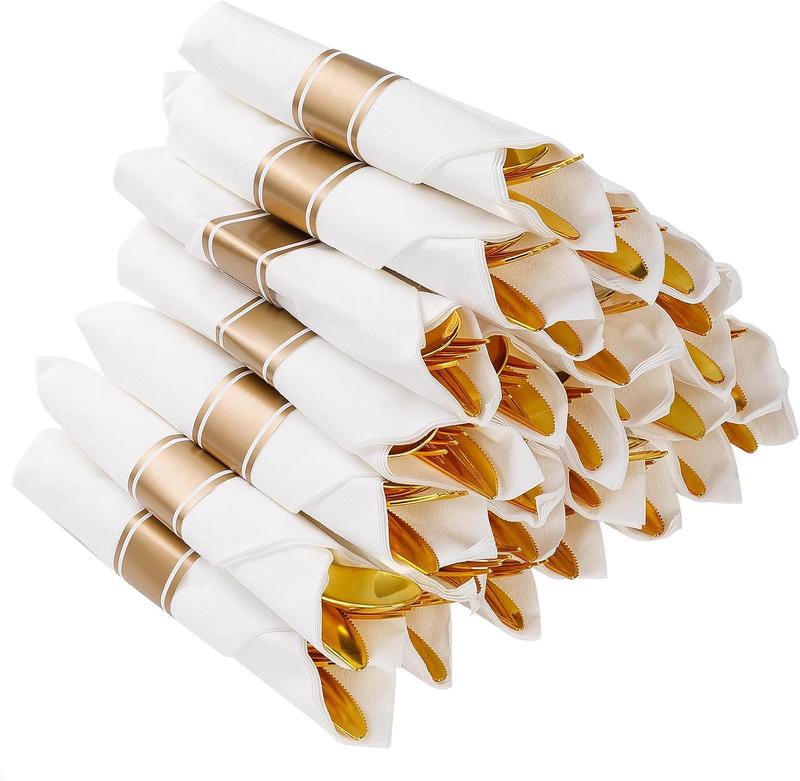 25 Pack Pre Rolled Gold Plastic Silverware, Wrapped Plastic Cutlery Set with Napkin Include 25 Forks, 25 Knives, 25 Spoons and 25 Napkins, Fancy Disposable Silverware for Party, Wedding