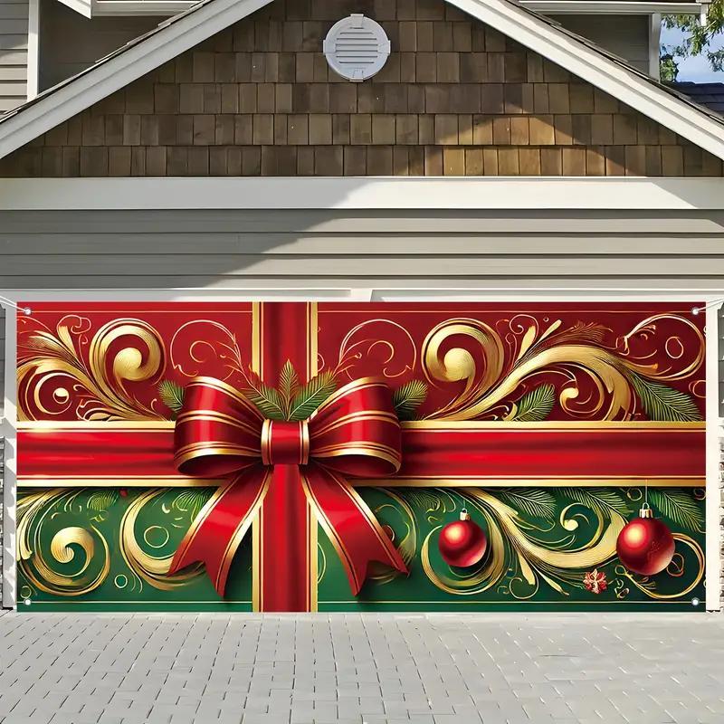 Christmas Themed Garage Door Cover, 1 Count Bow Pattern Waterproof & Windproof Garage Door Banner, Festive & Party Decoration Supplies, Banners Decorations