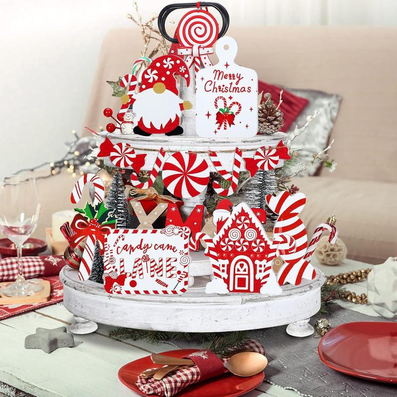 Christmas Tiered Tray Decor Set, 11pcs set Wooden Signage & Candy Bag & Gnome & Elk & Truck Ornament, Festive & Party Supplies