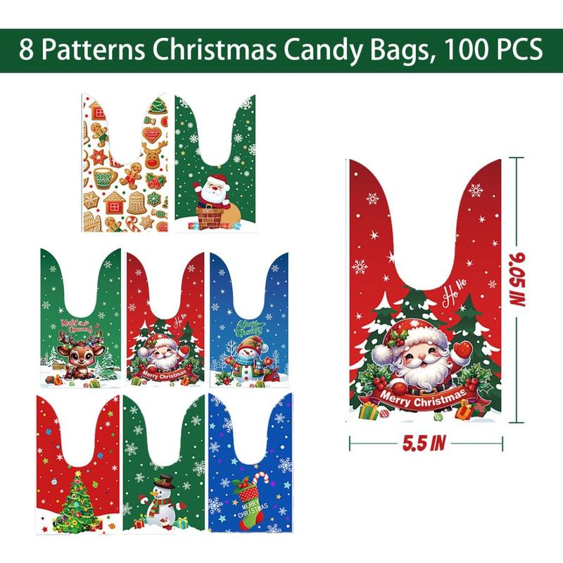 100PCS Christmas Gift Bags Treat Bags for Party, 8 Designs Small Gift Bags for Christmas Presents, Christmas Goodie Bags for Kids Candy Cookie Bags, Christmas Party Supplies Party Favors