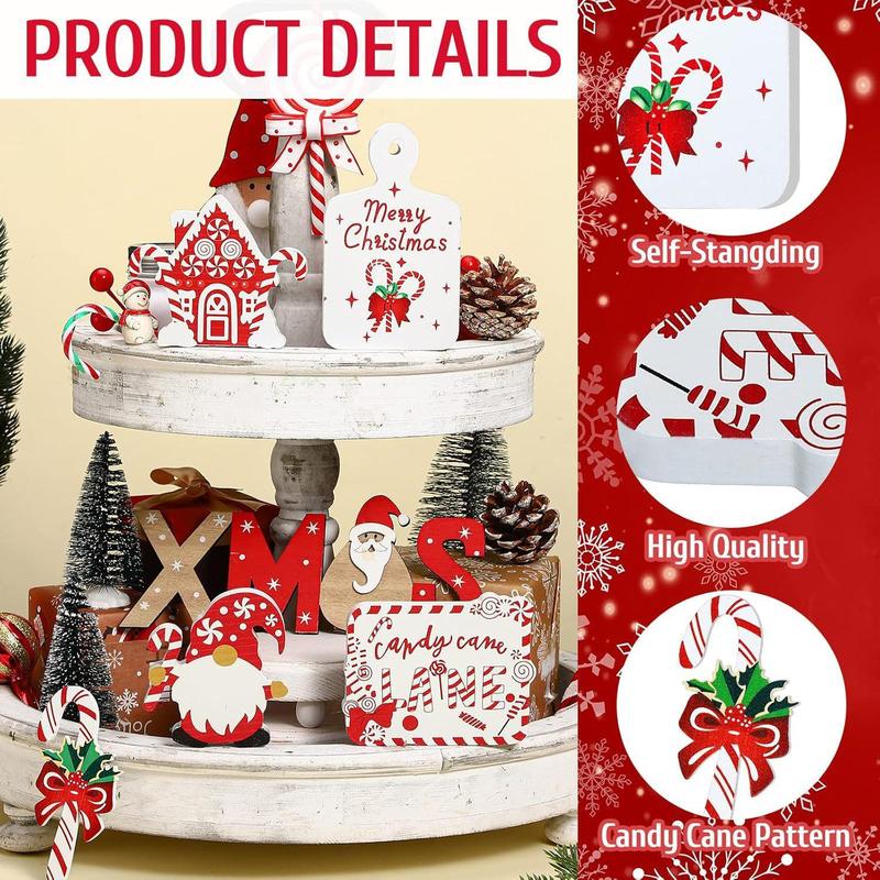 Christmas Tiered Tray Decor Set, 11pcs set Wooden Signage & Candy Bag & Gnome & Elk & Truck Ornament, Festive & Party Supplies