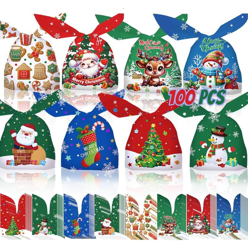 100PCS Christmas Gift Bags Treat Bags for Party, 8 Designs Small Gift Bags for Christmas Presents, Christmas Goodie Bags for Kids Candy Cookie Bags, Christmas Party Supplies Party Favors