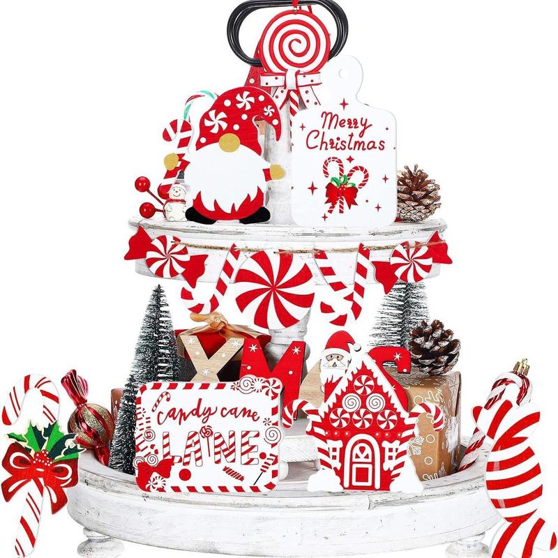 Christmas Tiered Tray Decor Set, 11pcs set Wooden Signage & Candy Bag & Gnome & Elk & Truck Ornament, Festive & Party Supplies