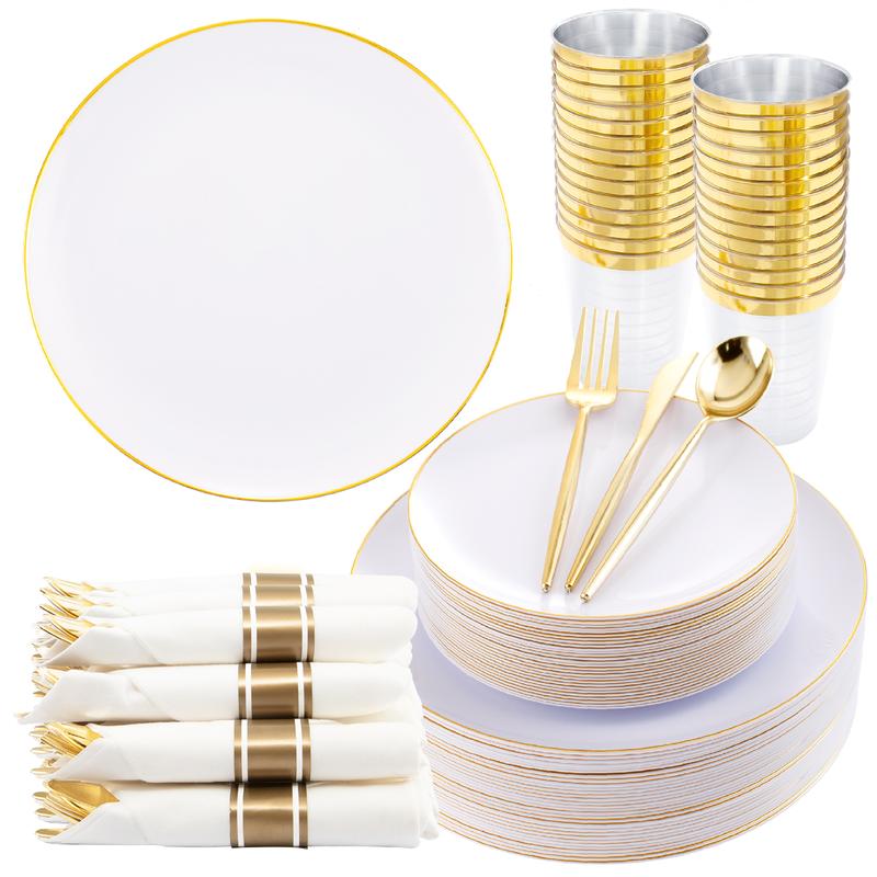 350pcs for Christmas Party Plates Set,  50 Dinner Plates, 50 Salad Plates, 50 Pre-Rolled Napkins, 50 10OZ Gold Plastic Cups, 50 Disposable knives, forks, spoons dinner plate Tableware