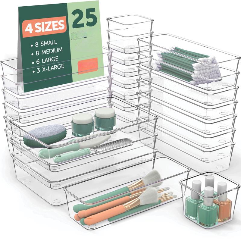 25 PCS Clear Plastic Drawer Organizers Set, 4 Sizes Clear Drawer Organizers & storage Bins for Makeup Jewelry Vanity, Kitchen Gadgets Or Office Desk. Bathroom Drawer Organizer Trays With Non-Slip Pads