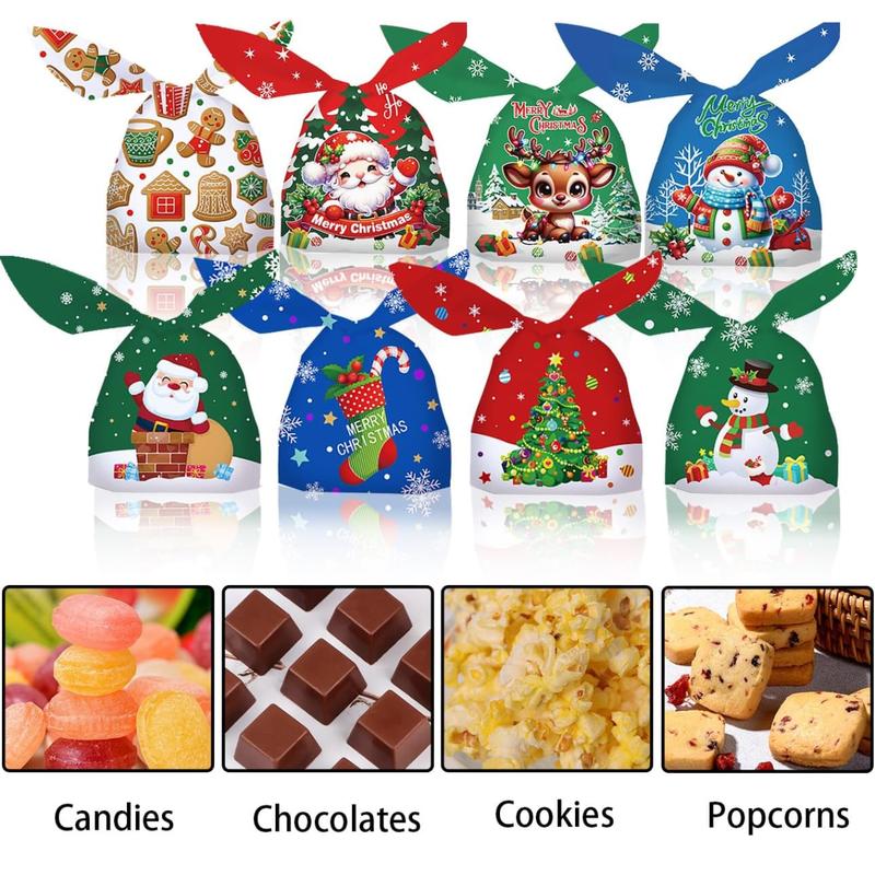 100PCS Christmas Gift Bags Treat Bags for Party, 8 Designs Small Gift Bags for Christmas Presents, Christmas Goodie Bags for Kids Candy Cookie Bags, Christmas Party Supplies Party Favors