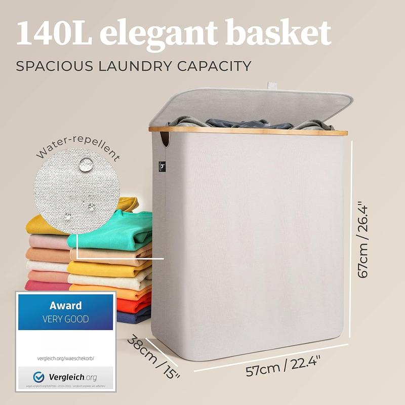 140L Double Hamper with Removable Bags - Tall Laundry Basket With Lid and Thick 220gsm Fabric - Laundry Basket Separator - Laundry Basket With Two Sections - Light Grey