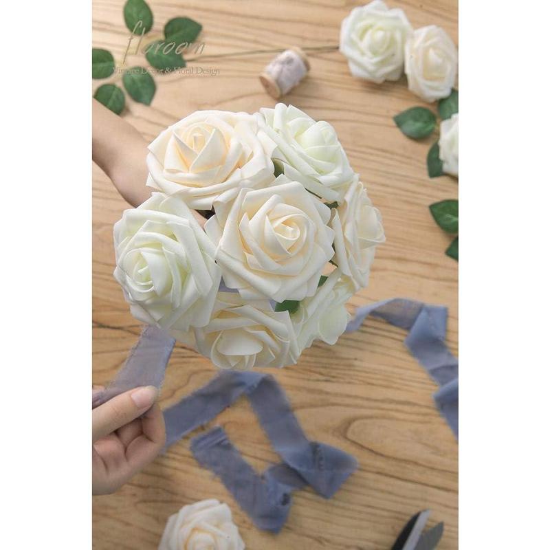 Artificial Flowers 25pcs Real Looking Ivory Foam Fake Roses with Stems for DIY Wedding Bouquets White Bridal Shower Centerpieces Arrangements Party Tables Decorations