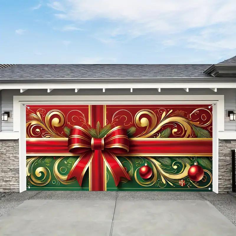 Christmas Themed Garage Door Cover, 1 Count Bow Pattern Waterproof & Windproof Garage Door Banner, Festive & Party Decoration Supplies, Banners Decorations