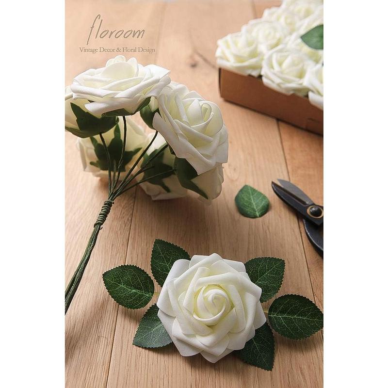 Artificial Flowers 25pcs Real Looking Ivory Foam Fake Roses with Stems for DIY Wedding Bouquets White Bridal Shower Centerpieces Arrangements Party Tables Decorations