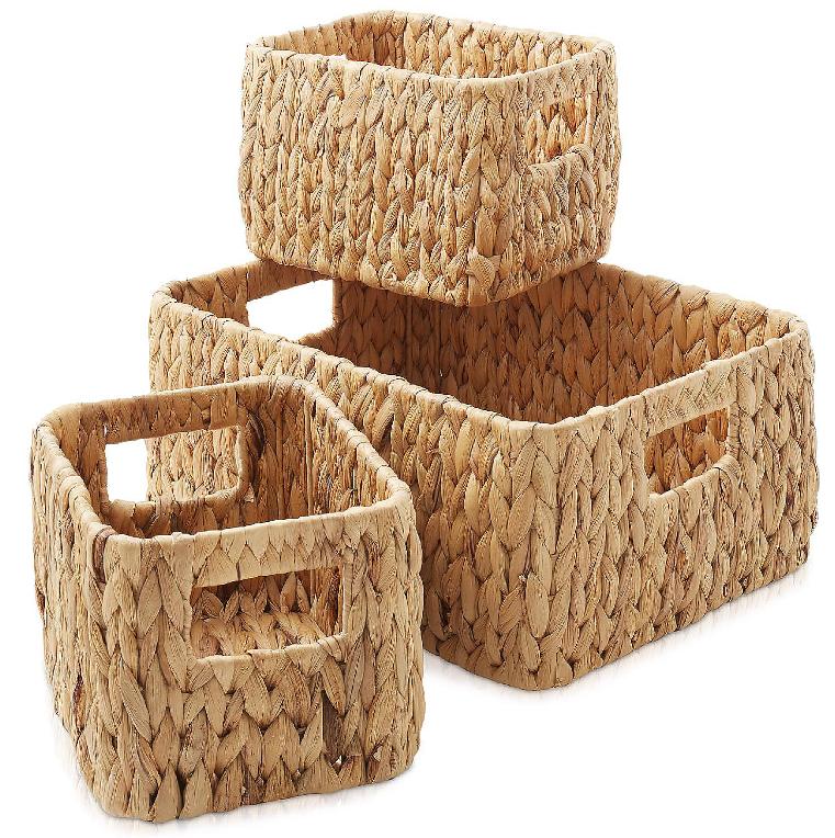 Casafield 3pc Hyacinth Storage Basket Set, Woven Wicker Bin Shelf Organizers, Natural