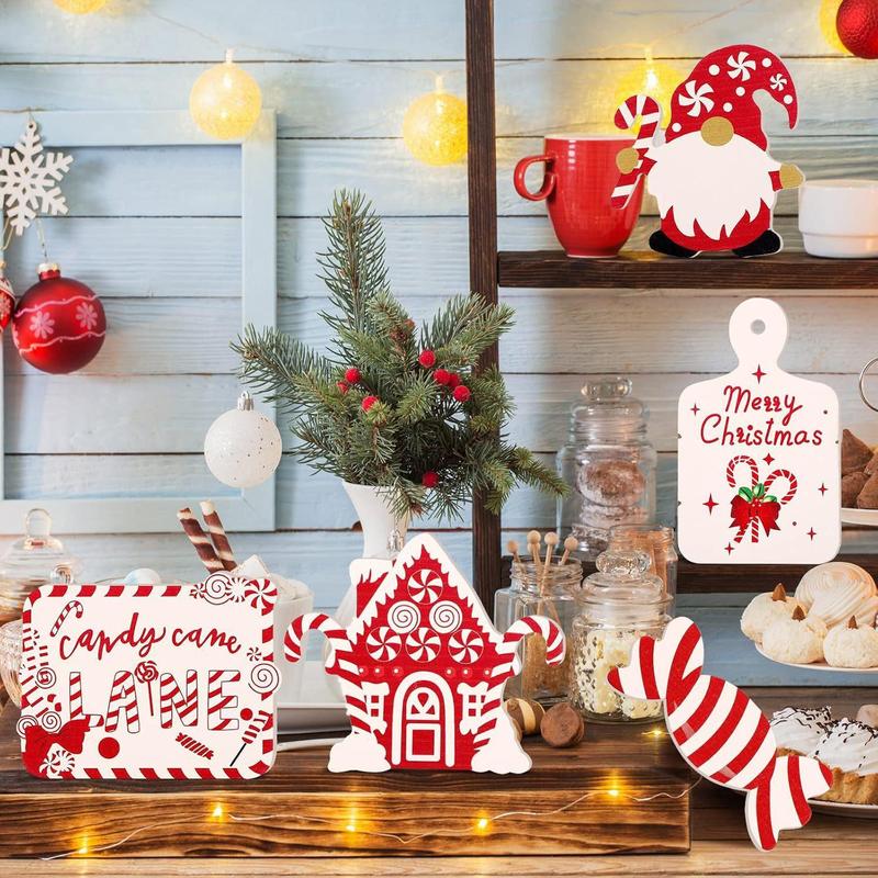 Christmas Tiered Tray Decor Set, 11pcs set Wooden Signage & Candy Bag & Gnome & Elk & Truck Ornament, Festive & Party Supplies