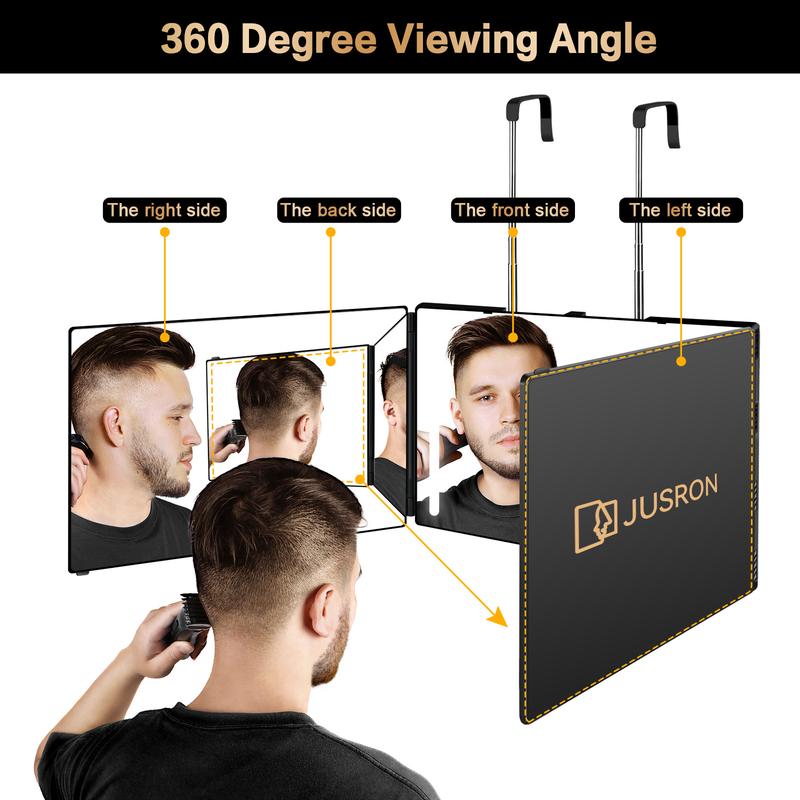 JUSRON 3-Way Mirror for Hair Cutting,  360° Mirror for Haircuts for Barber  self Cut Mirror with Height Adjustable Telescoping Hooks, for Makeup and Hair Styling 2024 Christmas Gift