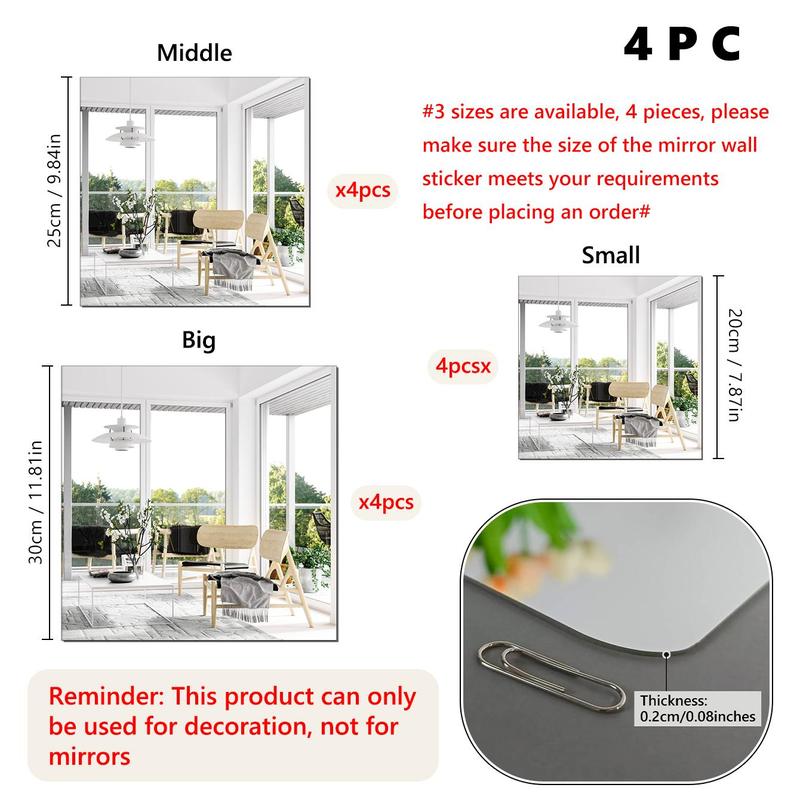 Mirror Full Body, 4 Counts Wall Mirror Sticker, Self Adhesive Acrylic Mirror Sheets, Household Mirror for Bedroom Bathroom Washroom Dormitory, Summer Gifts